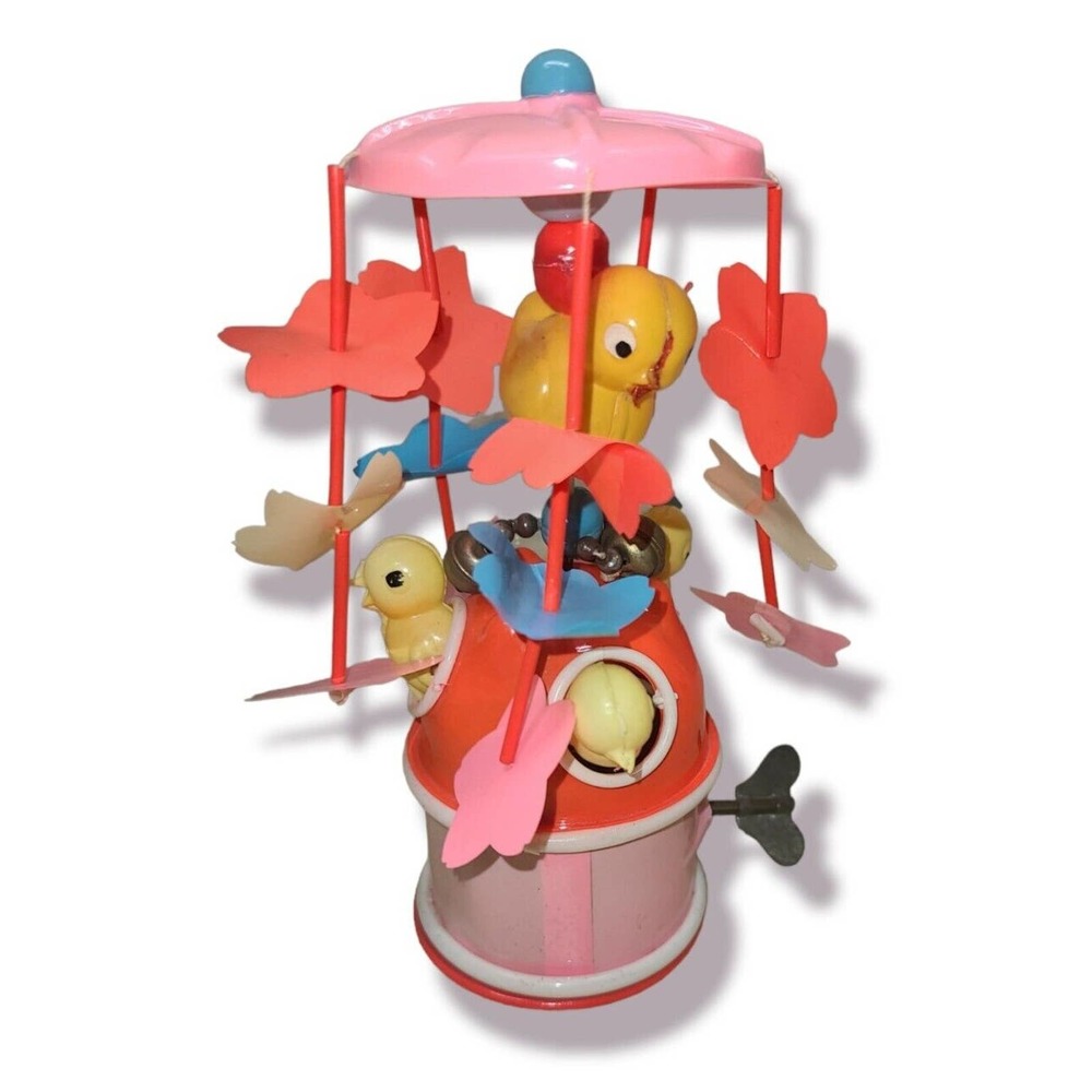 Vintage 1940's (Japan) Celluloid Wind-up Mechanical SPINNING CHICKS Toy WORKS!!!